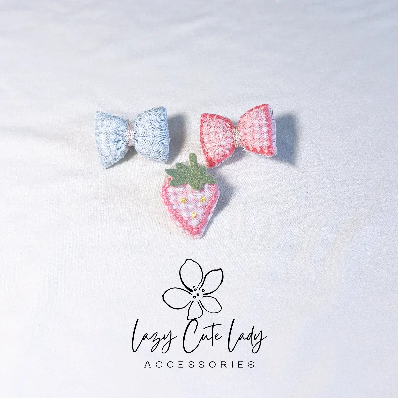 oversized satin hairpins for bridal updos -Adorable 1.5-Inch Fabric Bow and Strawberry Hair Clip Set - Pink and Blue Options