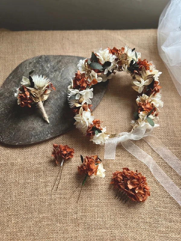 velvet scrunchies for comfortable styling -Autumnal Boho Dried Flower Crown Burnt Orange Terracotta Gold Ivory Bridal Floral Headband, Rustic Floral Hair Accessories Set Floral Comb