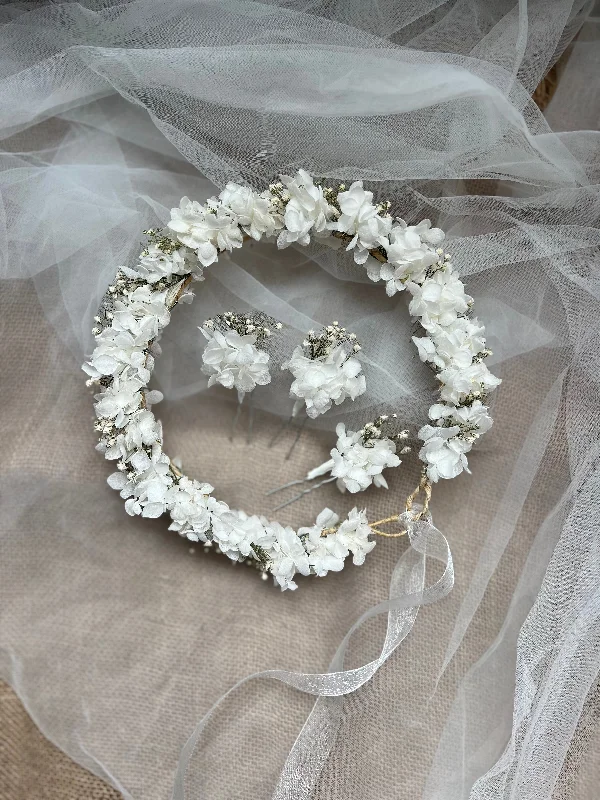 pearl hairpins for vintage-inspired looks -Babys Breath Hair Pins, White Hydrangea and Gypsophila Hair Accessories, Gypsophila Hair Crown, Dried Flower Hair Wreath for Brides