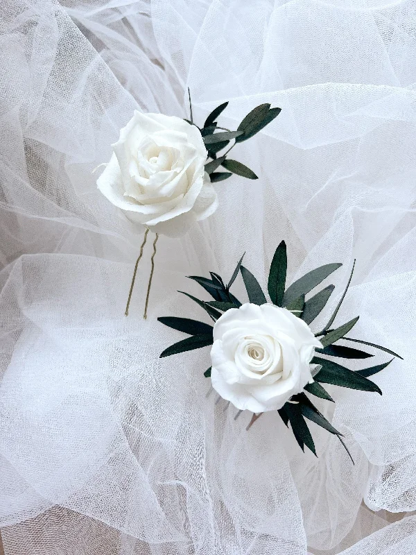 cute animal hairpins for kids -Bridal Rose Hair Pin and Hair Comb, White and Green Hair Piece for Rustic Barn Wedding, Minimalist Bridal Hair Accessories Gold UK