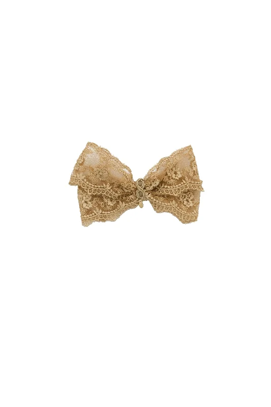 handmade floral hairbands for bridal events -Dahlia Lace Bow Clip - Gold