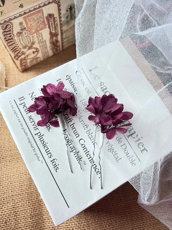 flower hairpins for elegant bridal hairstyles -Dried Flower Rustic Wedding Hair Pin Sets Magenta Pink Purple, Bride and Bridesmaid Hair Accessories, Preserved Hydrangea Floral Hair Pieces