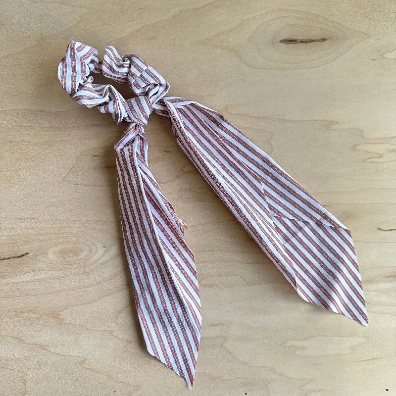 glamorous pearl hairpins for bridal events -Hair Scarf Scrunchie - Brick Red & White Stripe