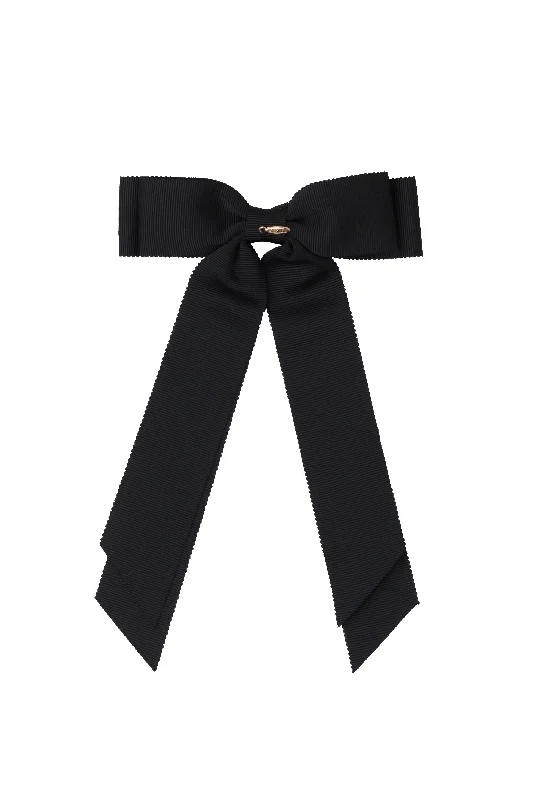 trendy velvet hairbands for winter vibes -Madeline Petersham Long Tail Bow Clip - Black