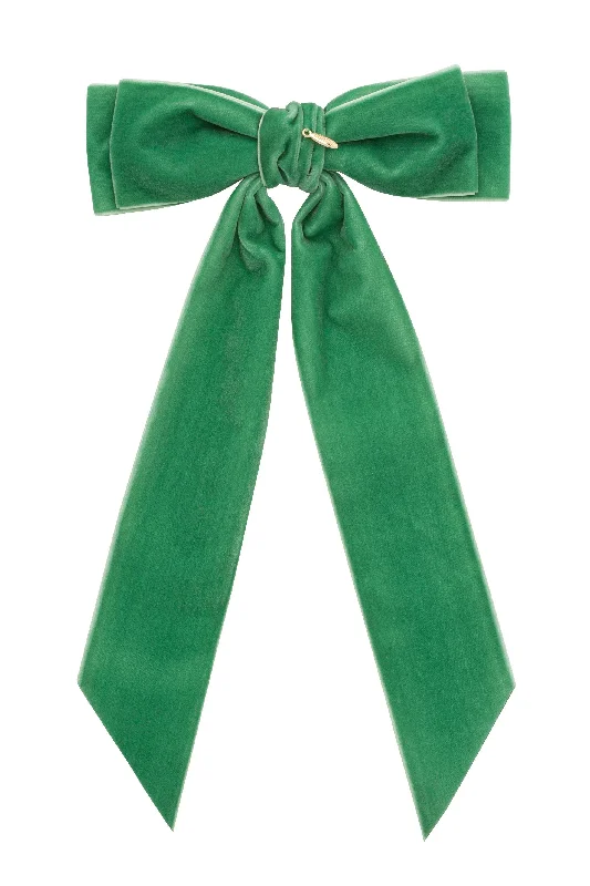 crystal hairpins for dazzling bridal hairstyles -Madeline Velvet Long Tail Bow Clip - Cool Green (Handmade in the USA!)