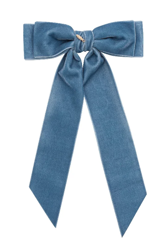 chic satin hair combs for soft, shiny hair -Madeline Velvet Long Tail Bow Clip - Denim Blue (Handmade in the USA!)