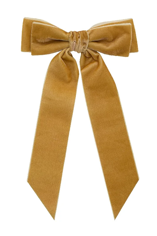 trendy tortoiseshell hair clips for a stylish touch -Madeline Velvet Long Tail Bow Clip - Golden (Handmade in the USA!)