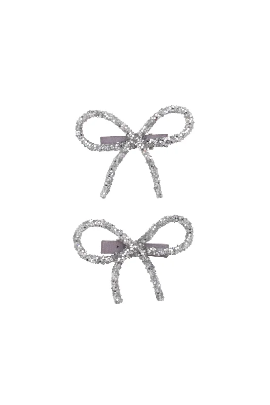 oversized hairpins for bold wedding hairstyles -Mini Glitter Bows Clip Set of 2 - Silver