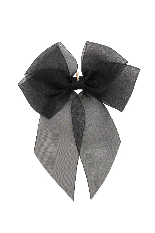 trendy metallic hairpins for sleek styles -Oversized Organza Bow Clip  - Black (Handmade in the USA!)