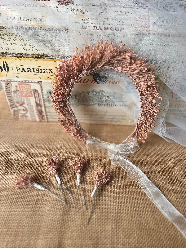 luxe hairbands for high-end events -Peach Dusky Pink Dried Flower Crown, Wedding Flower Girl Floral Headband, Garden Barn Wedding Hair Pins Bridesmaids Hair Accessories Set