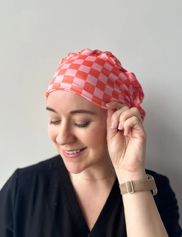 vintage-inspired crystal hairpins for timeless beauty -Scrub Hat - Pink and Orange Checker