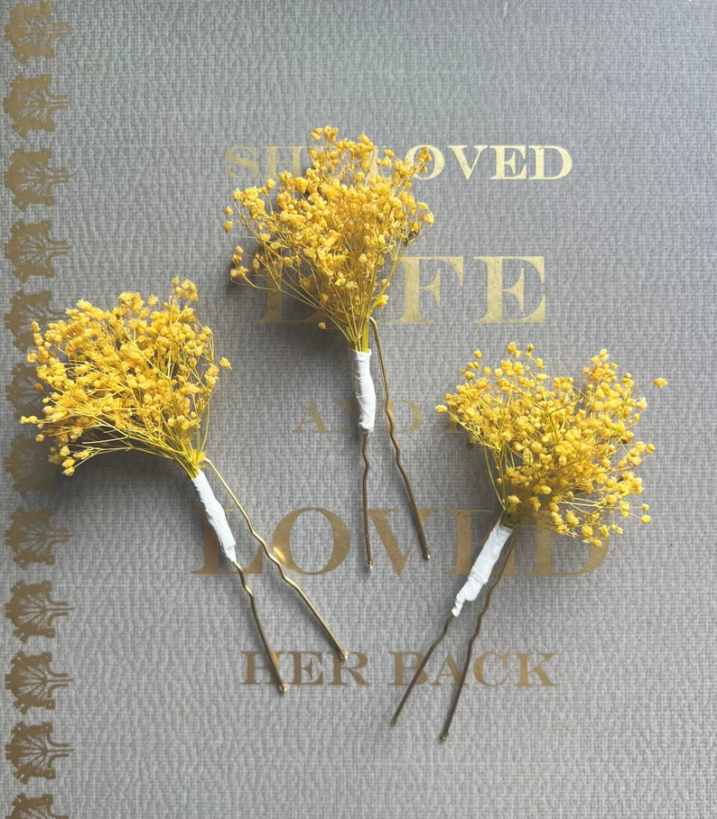 satin hair ties for fine hair -Yellow Gypsophila Babys Breath Hair Pins, Bridal Floral Hair Pin Set Minimal