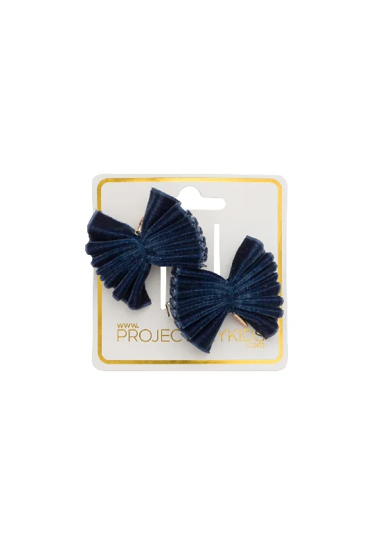 pearl-encrusted hair combs for bridal styles -Velvet Pleated Butterfly Bow Clip Set - Navy (Handmade in the USA!)