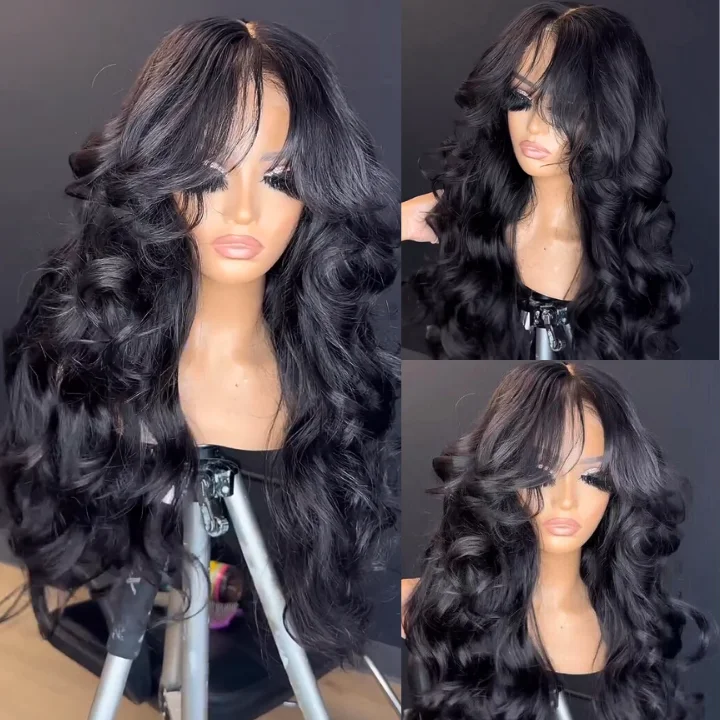 voluminous straight wigs for sleek effect -24H Fast Shipping Glueless Loose Wave Lace Front Wigs with Curtain Bangs Clear Transparent HD Lace Nature Wave Wig For Women -Amanda Hair