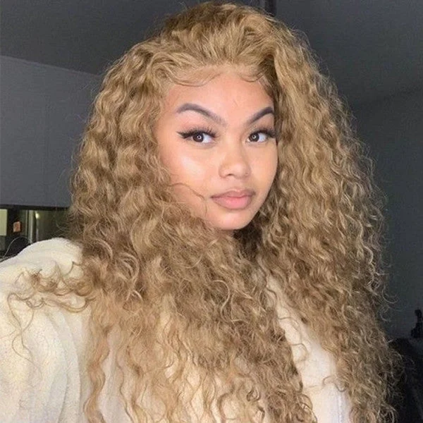 wigs for women with natural curls -Honey Blonde #27 Color Preplucked 13x4 4x4 Lace Front Wigs Straight Wavy Curly Hair Texture