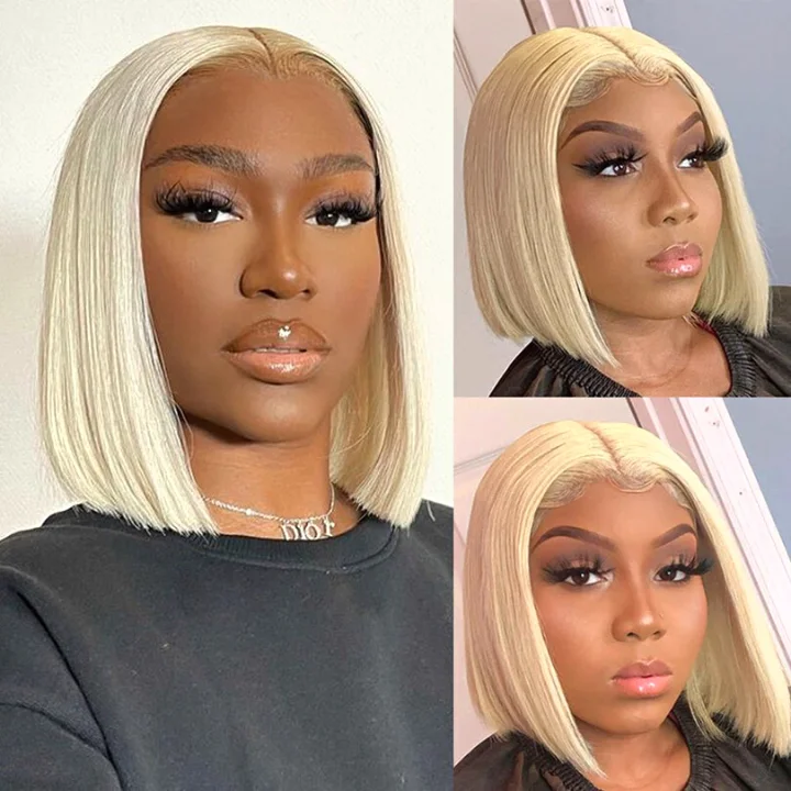 voluminous ombre wigs for bold hair colors -613# Blonde Brazilian Straight Short Bob Wigs 150% Density Transparent Lace Frontal Wig Pre Plucked Glueless Lace Wigs-Amanda Hair