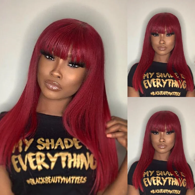 natural looking human hair wigs for seamless wear -Glueless Straight Hair Burgundy Wig 1b/99j Color Straight Hair No Lace Wigs With Bangs-Amanda Hair