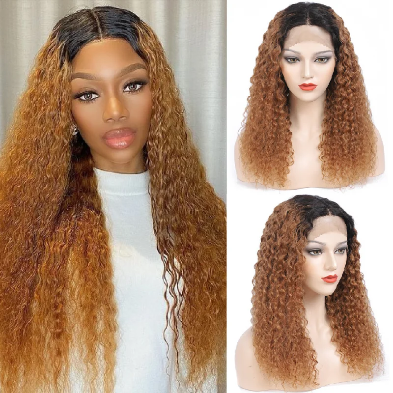 voluminous pixie wigs for a bold statement -Jerry Curly Ombre Honey Blonde T1b/30 Color Lace Front T Part Wigs - Amanda Hair