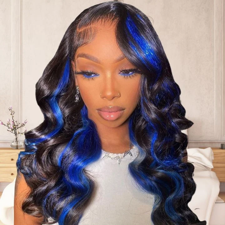 wigs for women with wide faces to flatter features -AmandaHair Highlight Gemstone Blue Glueless Transparent 13* 4 Lace Front  Wig Natural look Beginner Friendly  Wear & Go Body WaveLace Wig