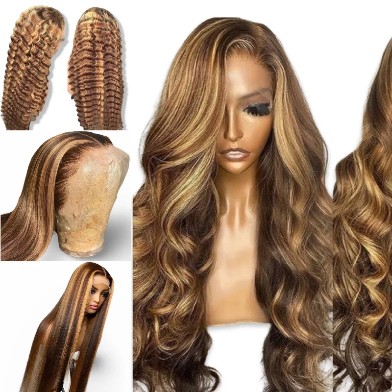 long straight wigs for elegant appearances -Brown/Blonde Highlights Frontal Wigs