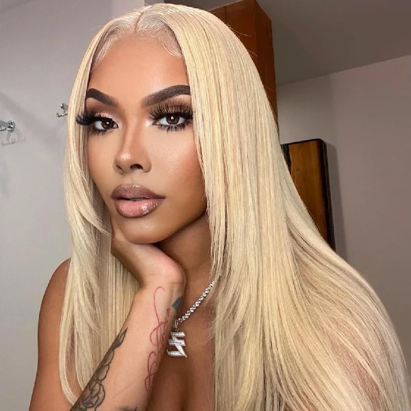 wigs for cancer patients with easy application -Blonde Straight 13x4 Lace Front Straight Butterfly Haircut #613 Wig Layered Hair