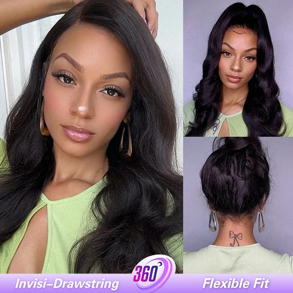 short wavy wigs for a chic appearance -OQ Hair Body Wave Invisi Drawstring 360 Glueless Wig Flexible Fit Bleached Knots Wig Pre-Cut Lace