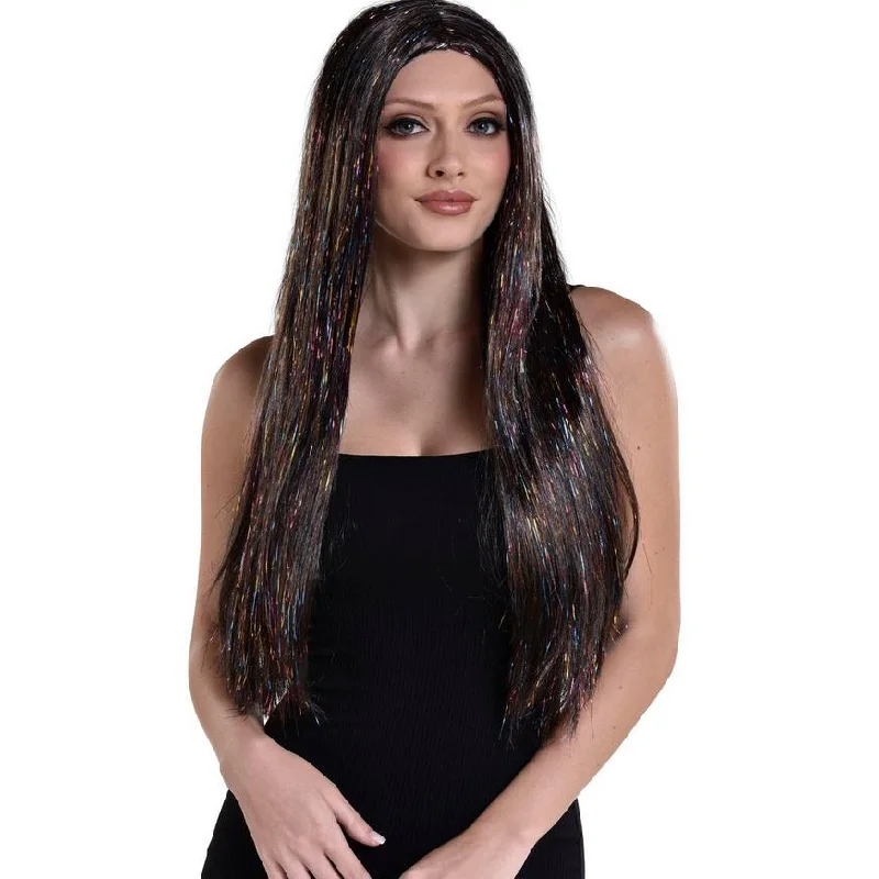 affordable wigs for everyday use -Brunette & Iridescent Tinsel Long Straight Wig, 30in | 1 ct