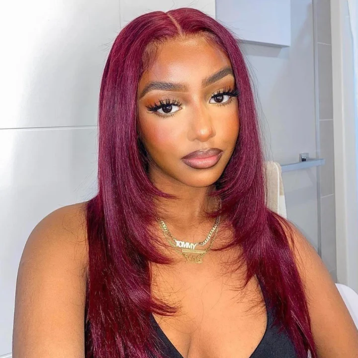 comfortable wigs for all-day wear -Burgundy Straight 13x4 Lace Front  Layered  Wig Butterfly Haircut #99J Color Wig