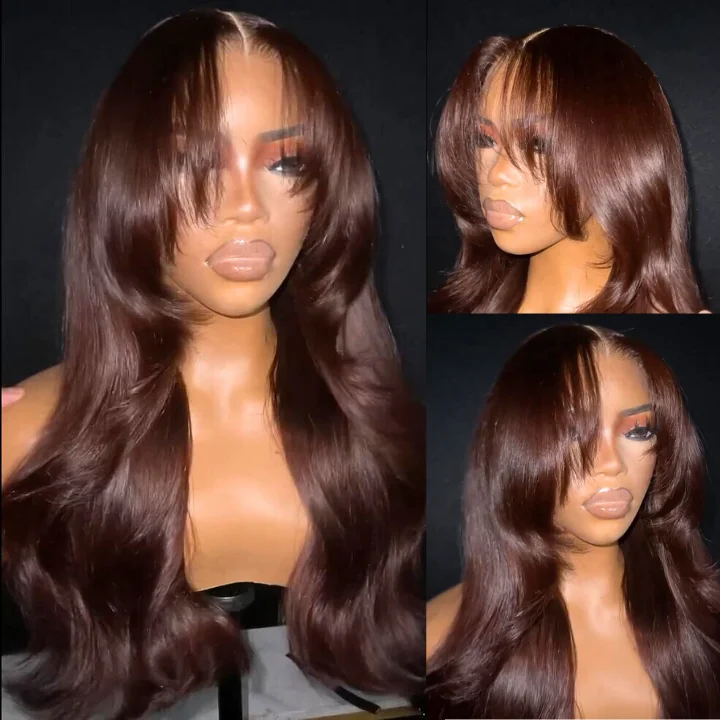 wigs for women with fine hair for fuller look -Dark Reddish Brown Glueless Body Wave Natural Curtain Bangs Hair Clear Transparent Lace Front Wigs For Women-Amanda Hair