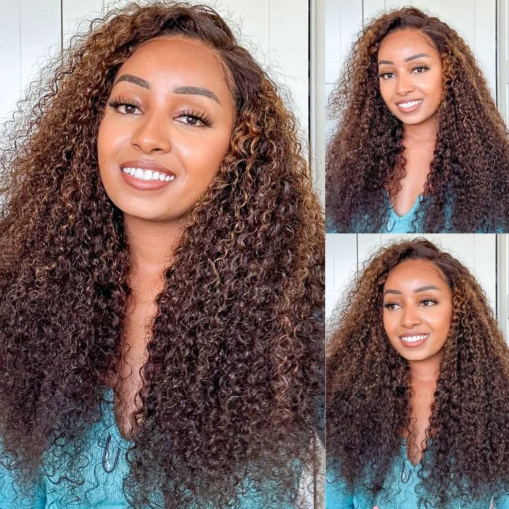 wigs for women with large heads for comfort -FLASH SALE $99: Highlight Blonde Glueless Curly 13*4 HD Transparent Lace Wigs-Amanda Hair