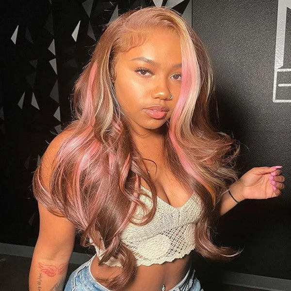 voluminous wavy wigs for beachy vibes -Flash Sale Buy 2 Get 1 Free Glueless Body Wave Pink Balayage Brown Wigs