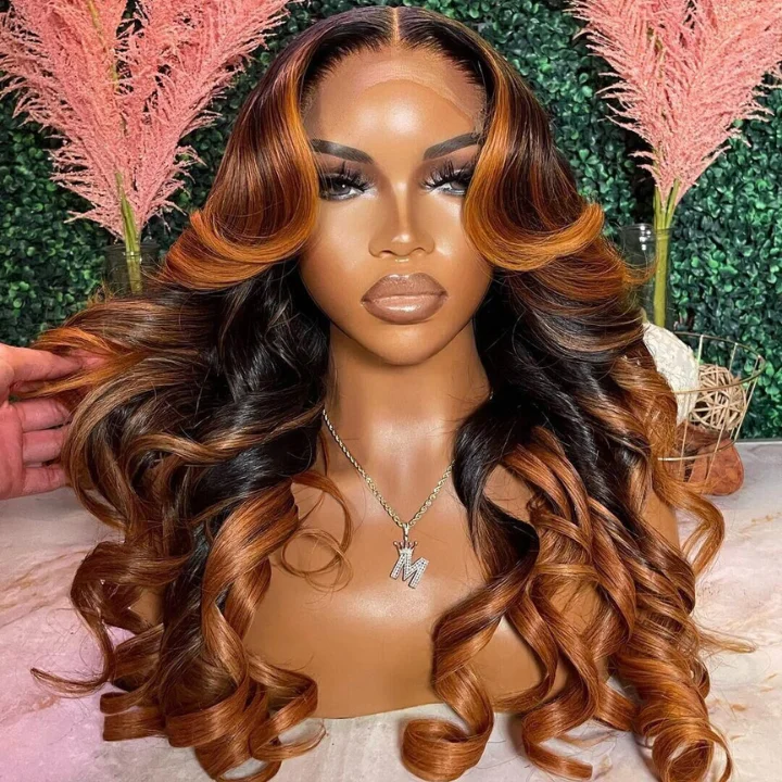 voluminous bob wigs for a fresh, fun style -Flash Sale Extra 50% Off £¬Code£ºHALF50 ,Highlight Golden Brown Body Wave 13x4 Lace Front /4*4 Lace Closure Wigs Skunk Stripe Ombre Color Lace Wigs- Amanda Hair