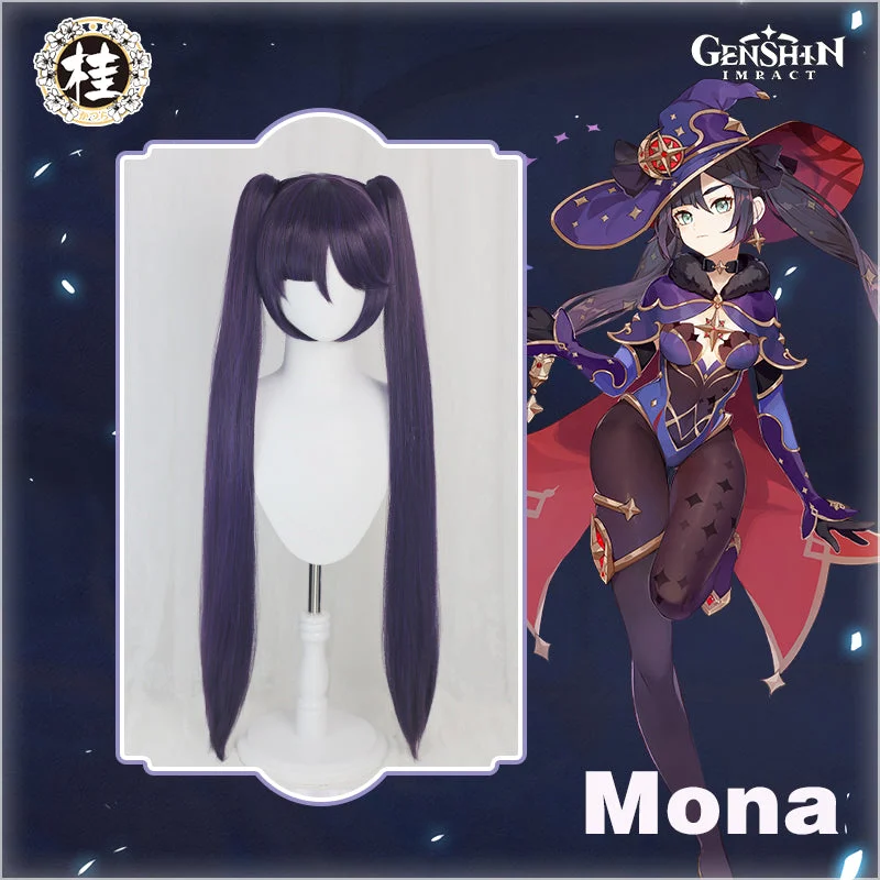 short wavy wigs for casual looks -Uwowo Game Genshin Impact Mona Megistus Cosplay Wig Astral Reflection 90cm Purple Twin Tail Wig