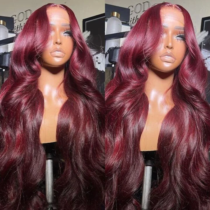 heat-safe wigs for styling with curling irons -Glueless 99J Burgundy Body Wave HD Transparent 13x4 Lace Front /6x4.5 Closure Colord Red Wig -Amanda Hair