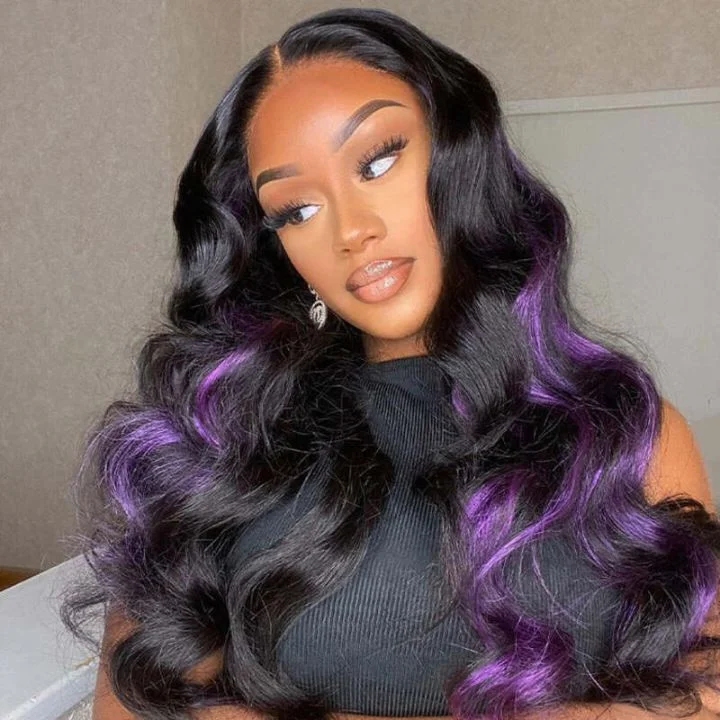 voluminous curly wigs for added fullness -Glueless Long Peekaboo Highlight Purple Colored Wig New Trendy Body Wave 13x4 Lace Front Wigs Amanda Hair