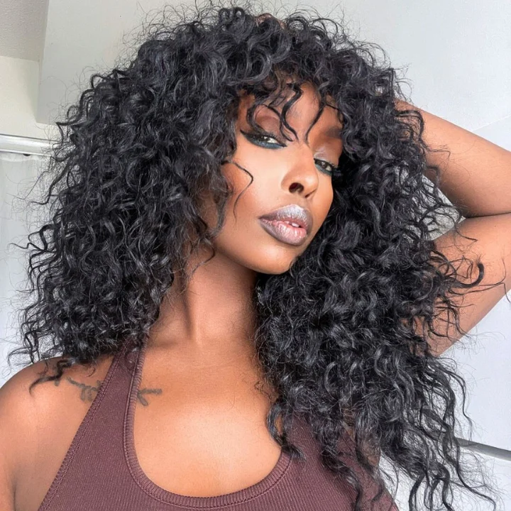 natural curly wigs for a fresh and natural style -Glueless Water Wave Clear Transparent Lace Front Short Curly Wigs with Bangs For Women-Amanda Hair