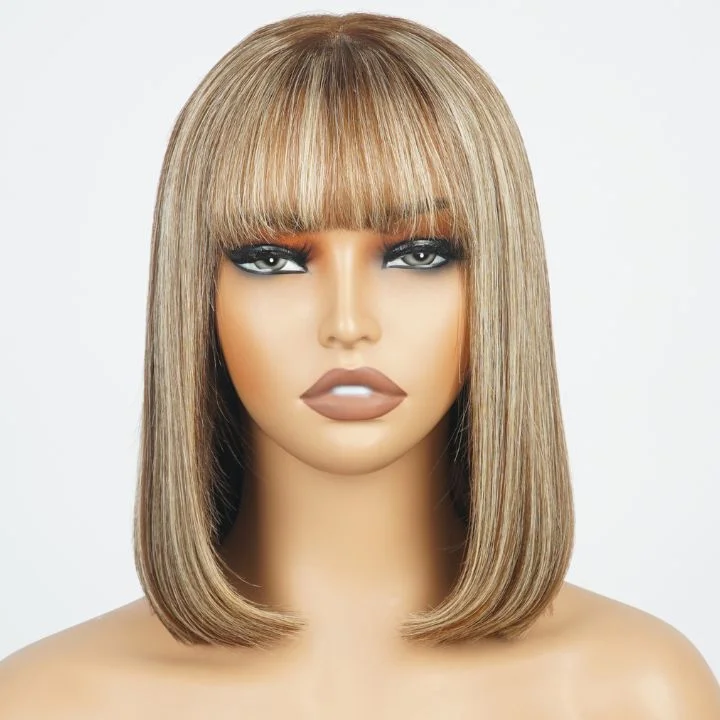 short wavy wigs for casual looks -Highlight Blonde Mix Brown Summer Choice Fashion Short Straight Bob Lace Wigs with Bangs Transparent Glueless Lace Colored  Wigs No Code Needed  -Amanda Hair