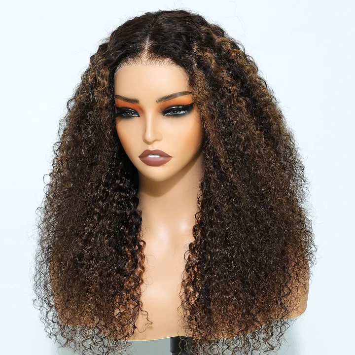 premium quality wigs for natural-looking hair -Highlight Brown Glueless Curly 7*5/13*4 HD Transparent Lace Wigs Pre Plucked Hairline-Amanda Hair