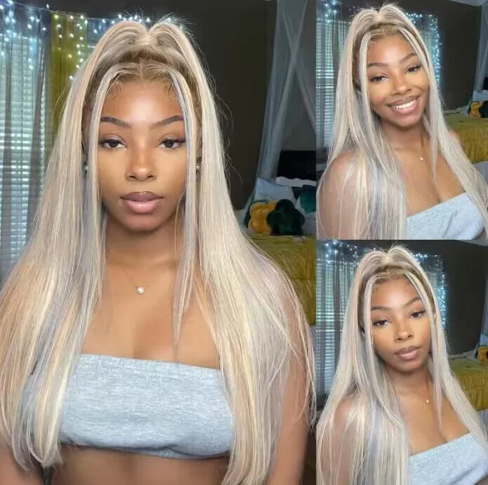 wigs for women with thin or fine hair -Highlight  Brown Root Straight 13x4 Transaparent Lace Frontal #613 Mix Light Gray Color Glueless Wigs Pre-plucked with Baby Hair