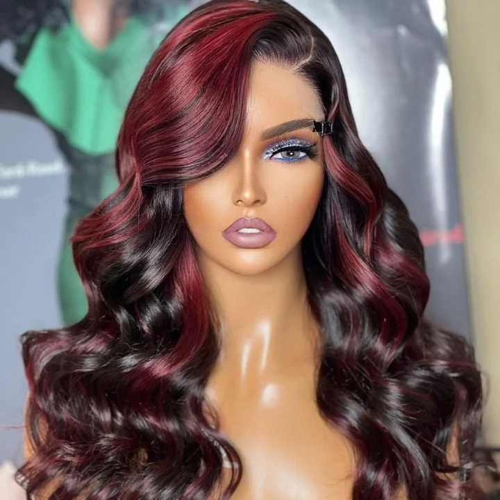 stylish lace front wigs for blending with natural hair -Highlight Burgundy Red 99j Body Wave 13x4 Lace Front /4*4 Lace Closure Wigs Money Piece Ombre Color Lace Wigs- Amanda Hair