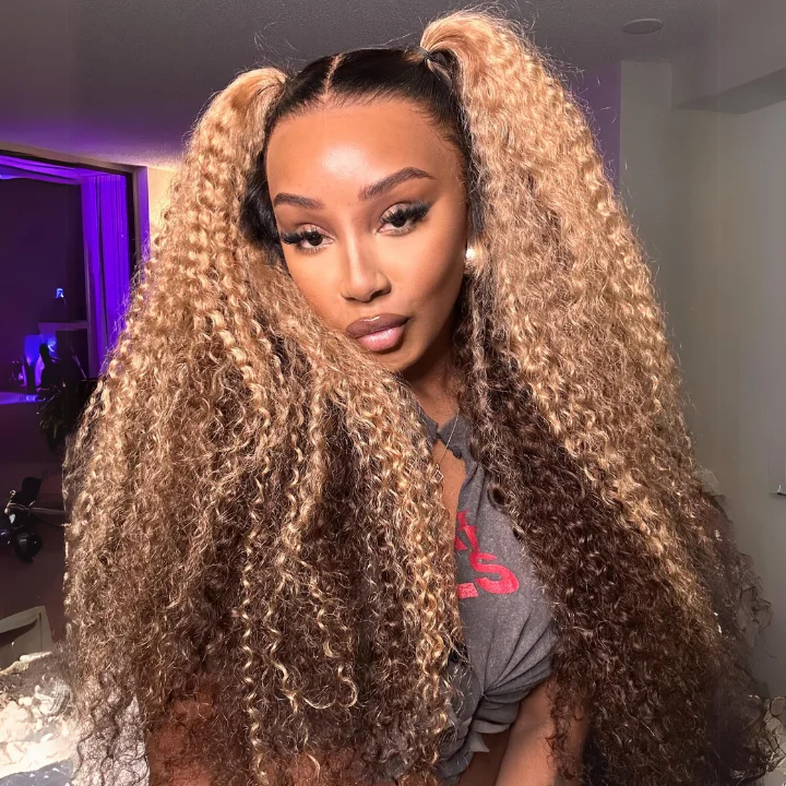 thick wigs for fuller, thicker hair styles -Highlight Color Honey Blonde Curly HD Transparent Lace Front/Closure Wig With Brown Roots- Amanda Hair