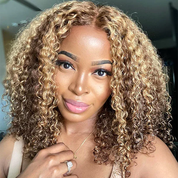 straight wigs for sleek and smooth styling -OQHAIR 4/27 Highlight Color Wear Go Glueless Wigs Pre Cut 4x6 HD Lace Kinky Curly Hair Short Bob Wigs