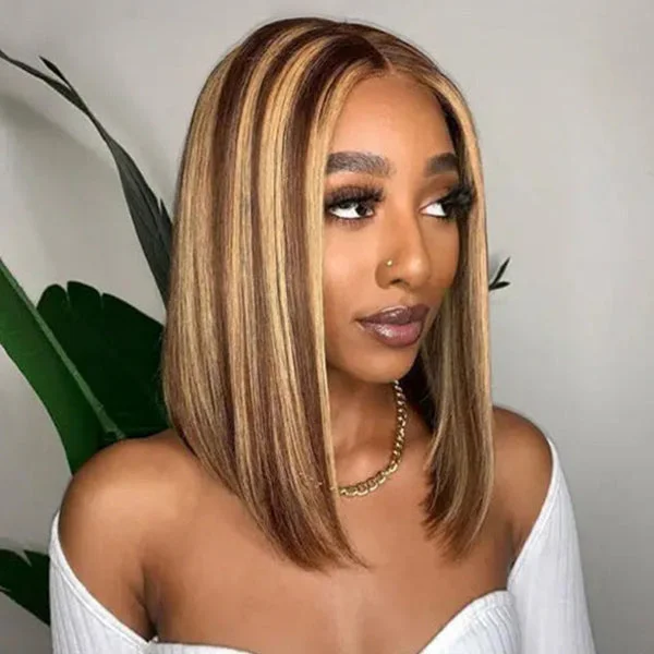 voluminous wavy wigs for beach-ready look -OQHAIR Wear Go Glueless Wigs 4/27 Highlight Color Straight Hair Bob Wigs Pre Cut HD Lace