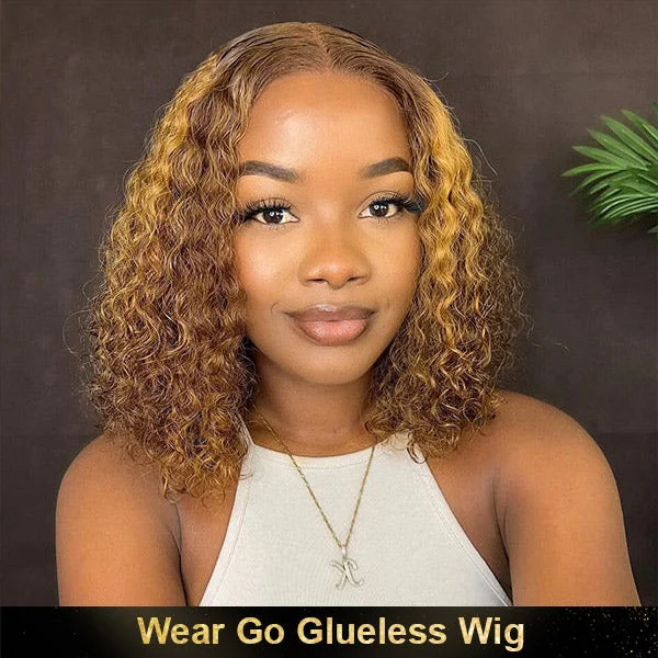 wigs for women with round faces for flattering styles -OQHAIR Wear Go Glueless Wigs Pre Cut HD Lace 4/27 Highlight Color Water Wave Hair Short Bob Wigs