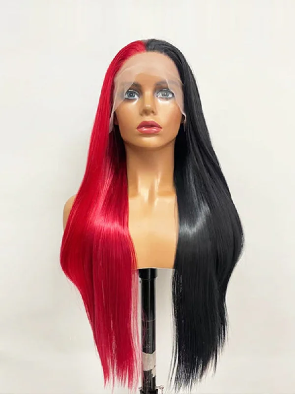 heat-resistant wigs for versatile styling -CurlyMe Highlight Split Dyed Hair Half Red Half Black Color Straight Lace Front Wigs