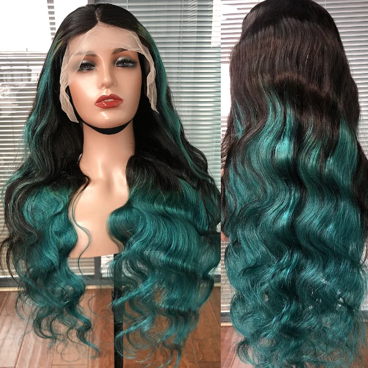 glueless wigs for simple application -Highlight Turquoise Green Body Wave 13x4 Lace Front /4*4 Lace Closure Wigs Skunk Stripe Ombre Color Lace Wigs- Amanda Hair