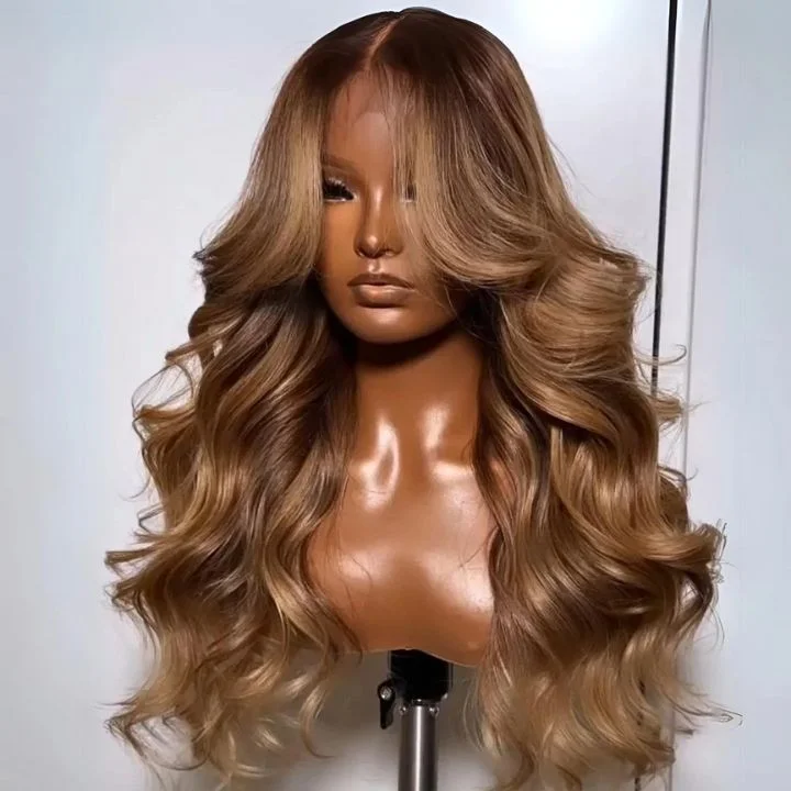 trendy medium length wigs for versatile styling -Highlights Brown with Blonde Glueless Loose Wave Natural Curtain Bangs Hair Clear Transparent Lace Front Wigs For Women-Amanda Hair