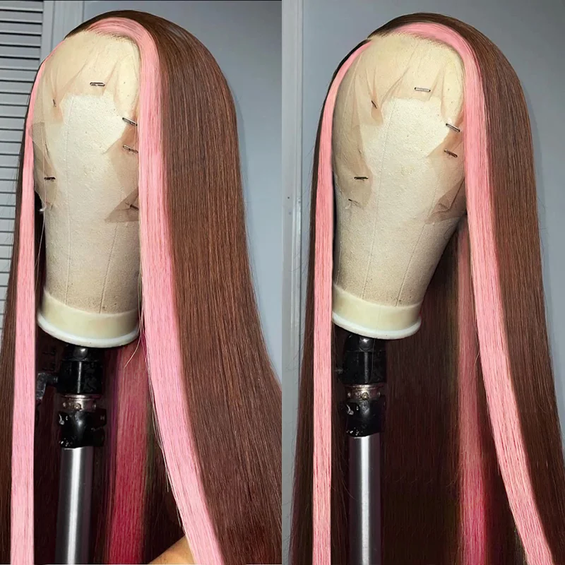 short straight wigs for a professional finish -Highlights Strawberry Pink & Chocolate Skunk Stripe Colored Lace Front Wig-Amanda Hair