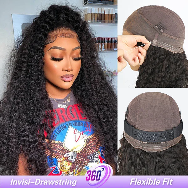 heat-resistant wigs for styling with heat tools -OQ Hair Kinky Curly Invisi-Drawstring Pre-Cut 360 Lace Glueless Wig With Bleached Knots Pre-Plucked Hairline