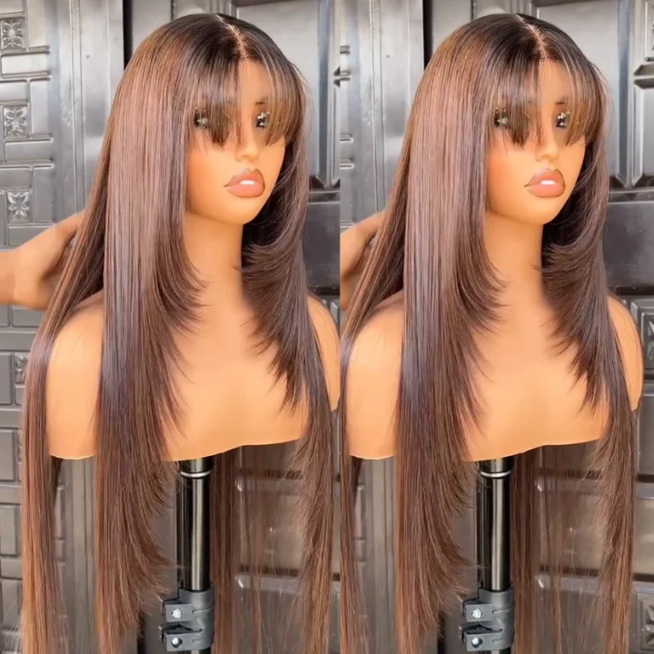 fashionable wigs for modern and creative styles -Layered Cut Brown Brazilian Straight Hair Long Wigs with Curtain Bangs 13x4/13x6 HD Lace Front Wigs-Amanda Hair